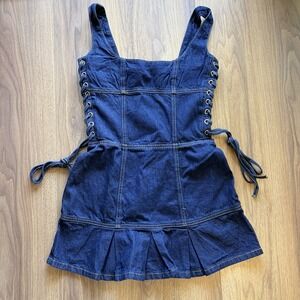 NWT Peppermayo Denim Tie Up Mini Dress Womens Small 4 Blue Denim Zip Ruffle
